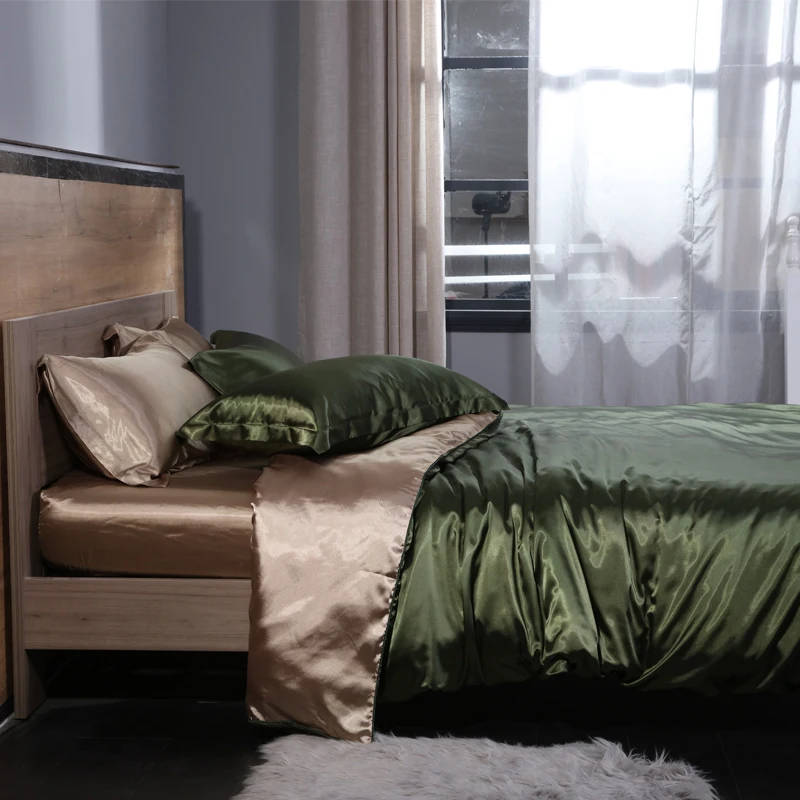 Blend Mulberry Silk Luxury Bedding Set Fitted & Flat Sheet Silky Duvet Cover Pillowcase for Home Hotel Premium Queen King Size