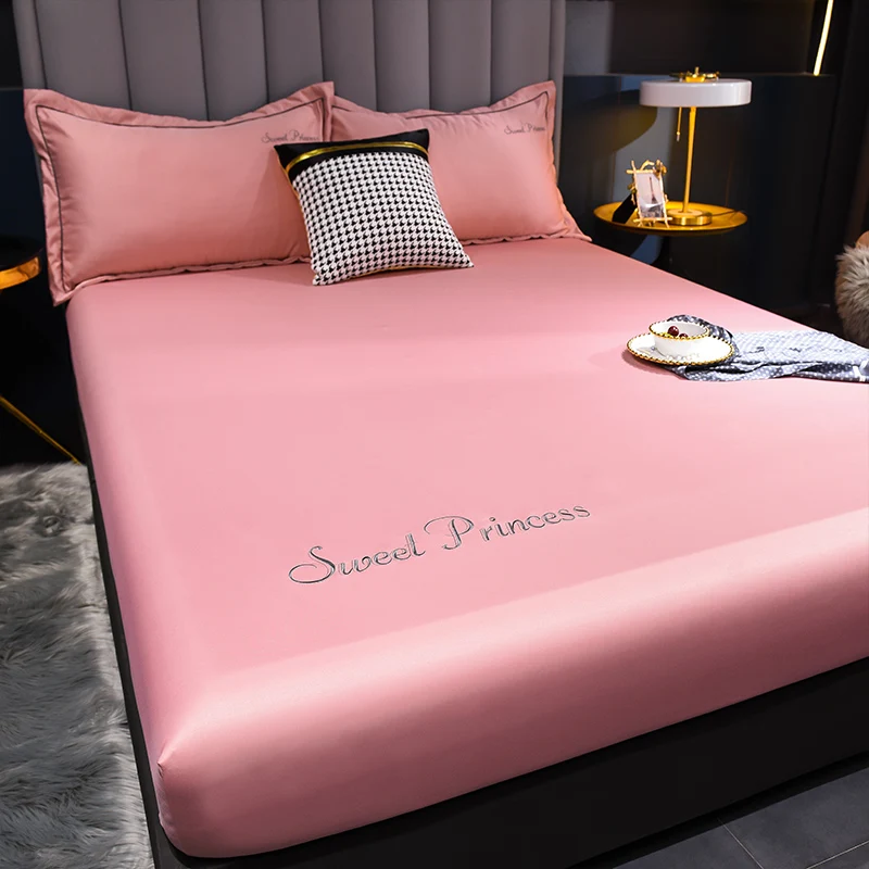 WASART Luxury Summer Satin Rayon Solid Embroidery Fitted Sheet Elastic Mattress Protector for Couples Bedding Cooling Bed Cover