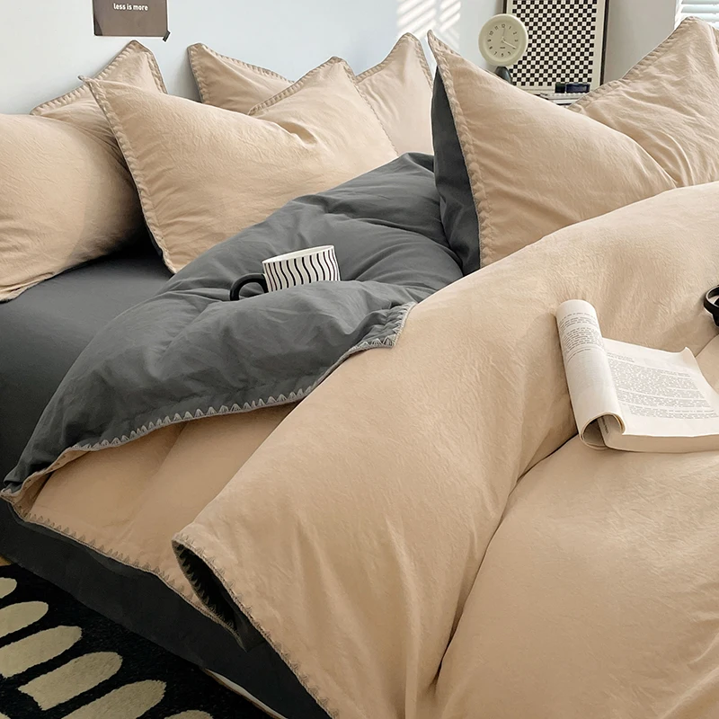 Simple Washed Cotton Bed Linen Bedding Set Four Piece Flat/Fitted Bed Sheet Set Comforter Set Full Double Couple Bed Quilt Cover