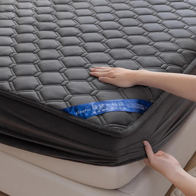 WASART Fluffy Coral Fleece Quilted Mattress Protector Cover Warm Cozy Milk Velvet Elastic Fitted Sheet 150X200 Winter Bed Linens