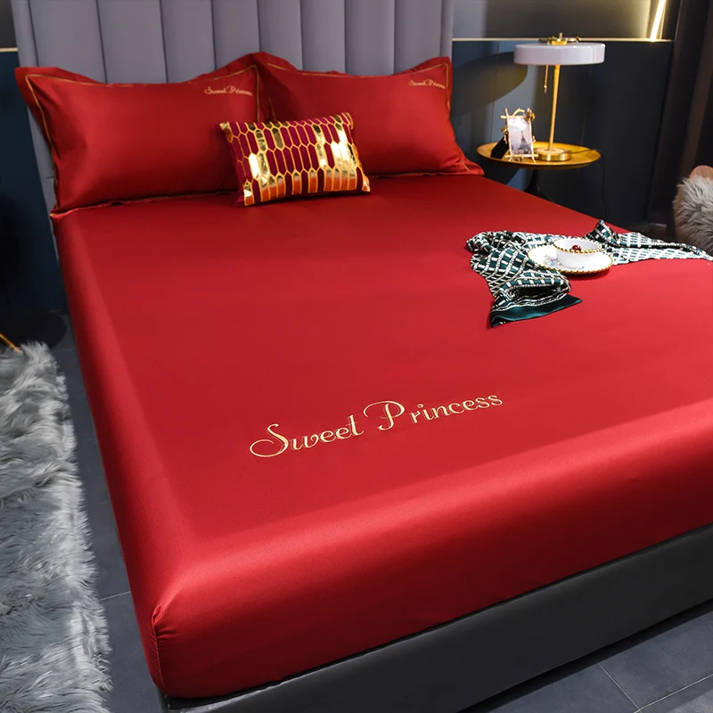 WASART Luxury Summer Satin Rayon Solid Embroidery Fitted Sheet Elastic Mattress Protector for Couples Bedding Cooling Bed Cover