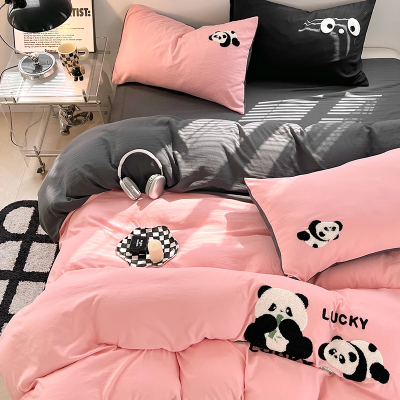 Embroidered Panda Duvet Cover Set 100% Cotton Bedding Set Flat/Fitted Sheet Quilt Cover Pillowcase Single Double Queen Size Ins