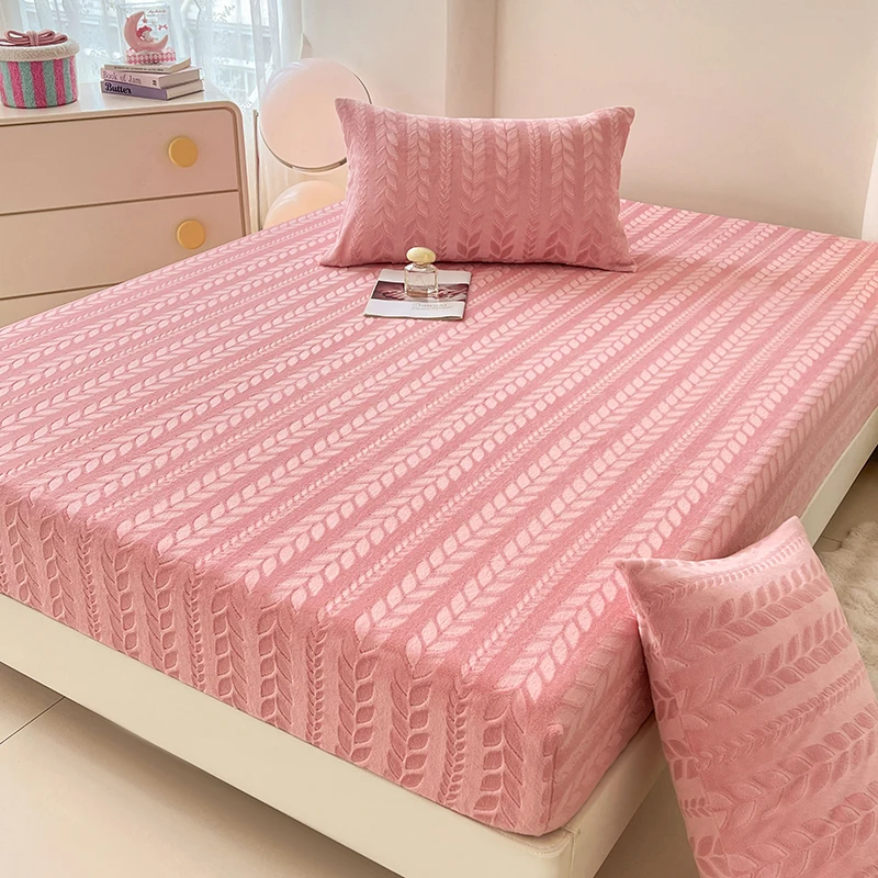 WASART Winter coral fleece jacquard fitted sheet elastic mattress protector cover warm fluffy plush bed linens 150x200 king size