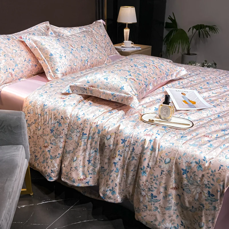 Home Silk Duvet Cover Set with Bed Sheet Pillowcase 4 Piece Natural Silk Bedding Sets Soft Smooth Comforter Covers with Zipper