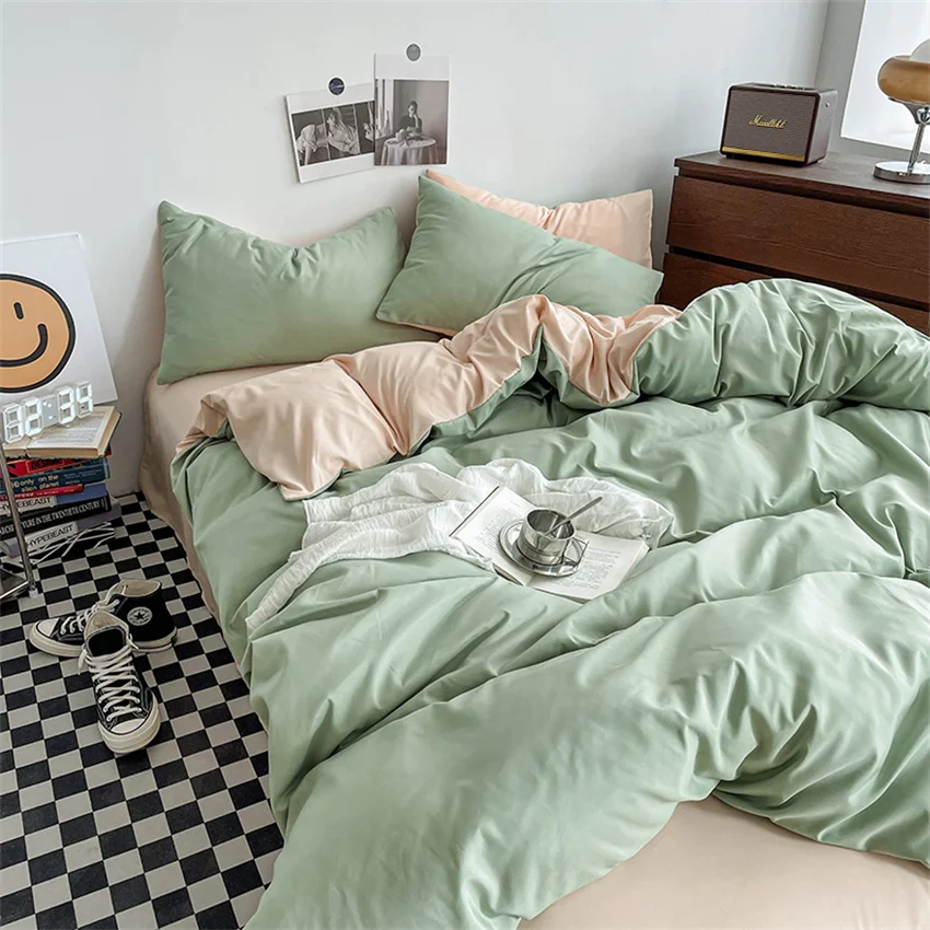 Ins Style Bedding Set Washed Cotton Duvet Cover Pillowcase Solid Color Soft Comforer Quilt Cover Bedspreads Bed Linen Flat Sheet