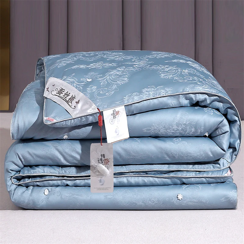 Luxury Mulberry Silk Quilt Comforter All Season Bed Blanket Jacquard 100% Silk Filling Quilts with 100% Cotton Cover Queen Duvet
