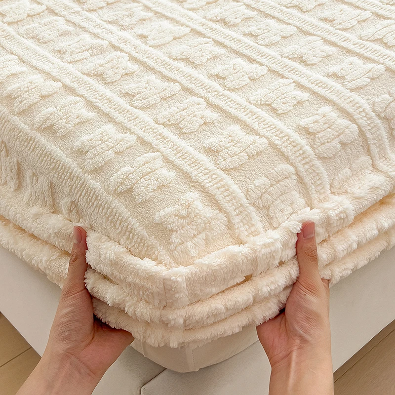 Jacauard Thick Warm Coral Plush Mattress Cover High Qulaity Abti-Slip Breathable Fitted Bed Sheet Single Double Queen King Size