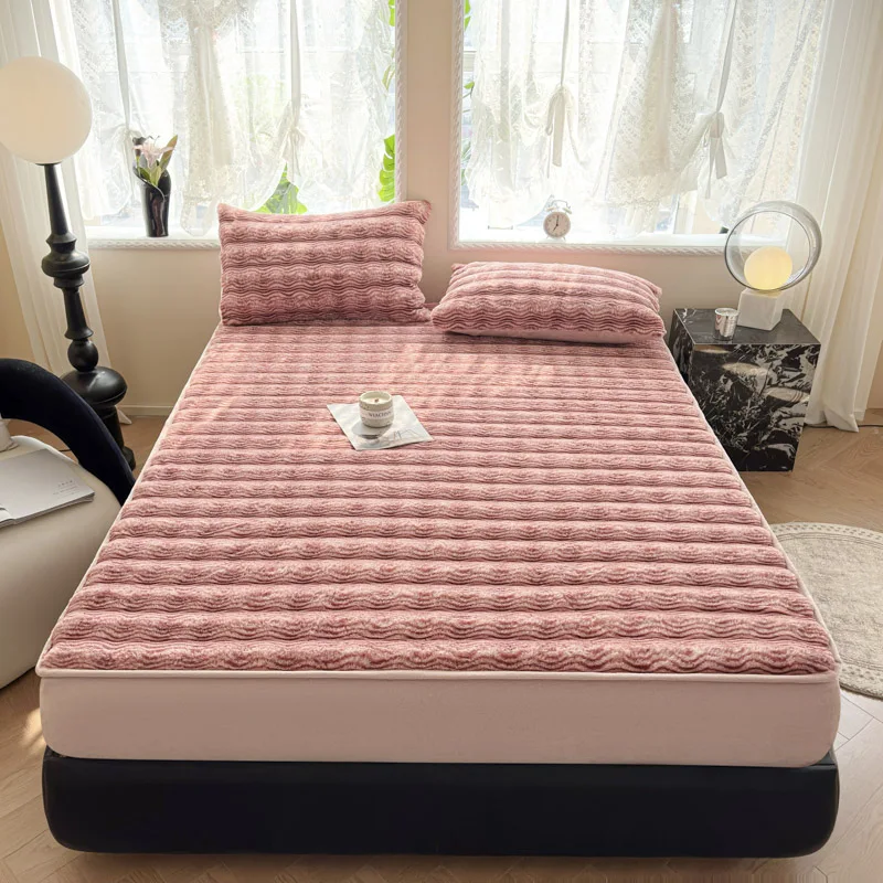 New Thickened Imitation Rabbit Fur Fitted Sheet with All Around Elastic Bands Winter Warm Bed Linen Plush Soft Mattress Cover