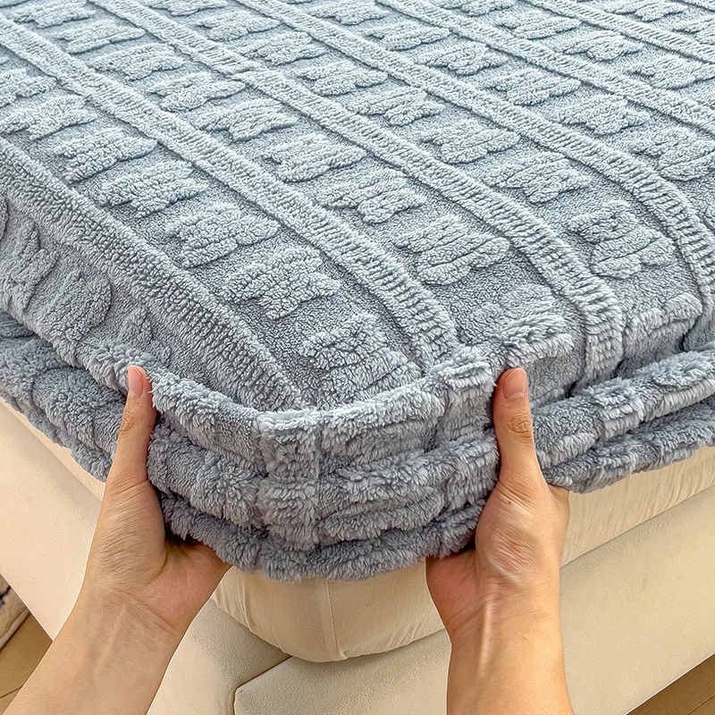 Jacauard Thick Warm Coral Plush Mattress Cover High Qulaity Abti-Slip Breathable Fitted Bed Sheet Single Double Queen King Size