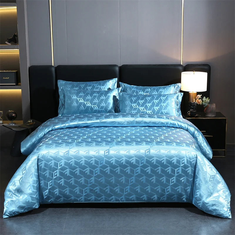 WASART Summer Satin Rayon Jacquard Duvet Cover Set 4pc Elegant Floral Luxury Bedding for Couple King Size 220x240 Cooling Fabric