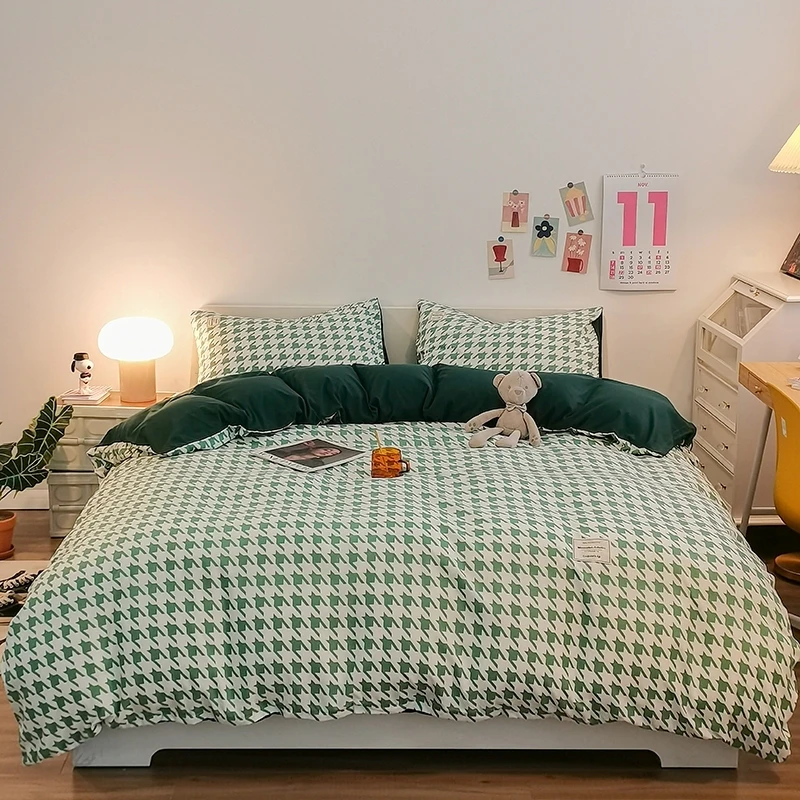 Pure Cotton Home Textile Plaid Style Bedding Set Simple Soft Duvet Cover Sheet Pillowcases Ins Style Bed Linens Queen King Size