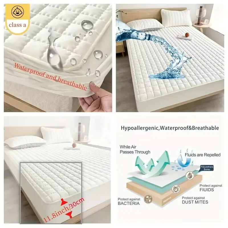 Waterproof Quilted Mattress Pad Protector Anti-mite Anti-bacterial Mattress Cover Embossed Design Bedding Bed Cover Fitted Sheet