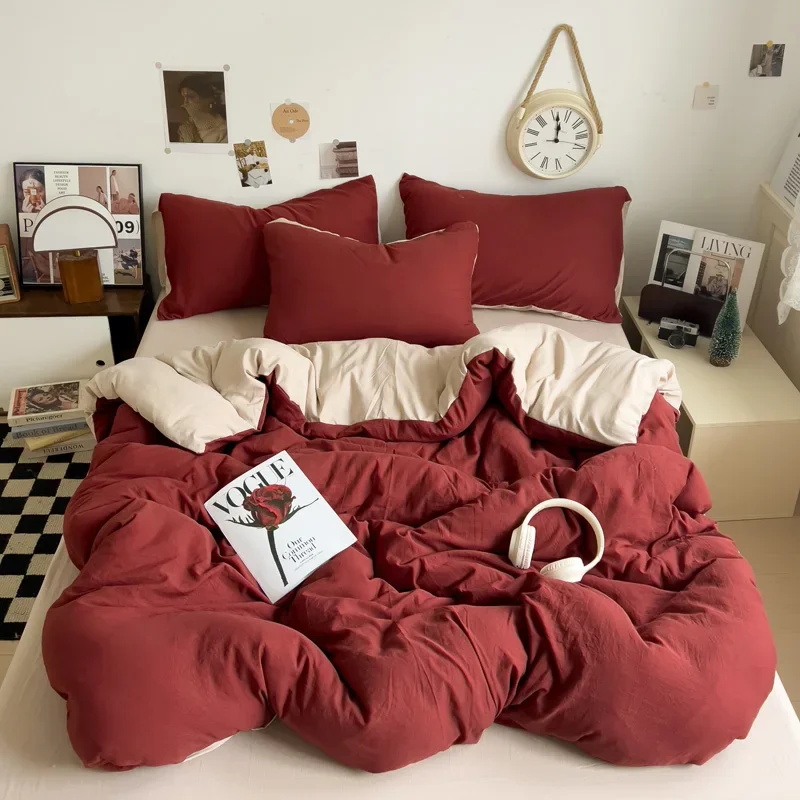 WASART Solid Color Washed Cotton 4-Piece Bedding Set Soft Durable Four Season Bed Sheets & Pillowcases for King Queen Full Size