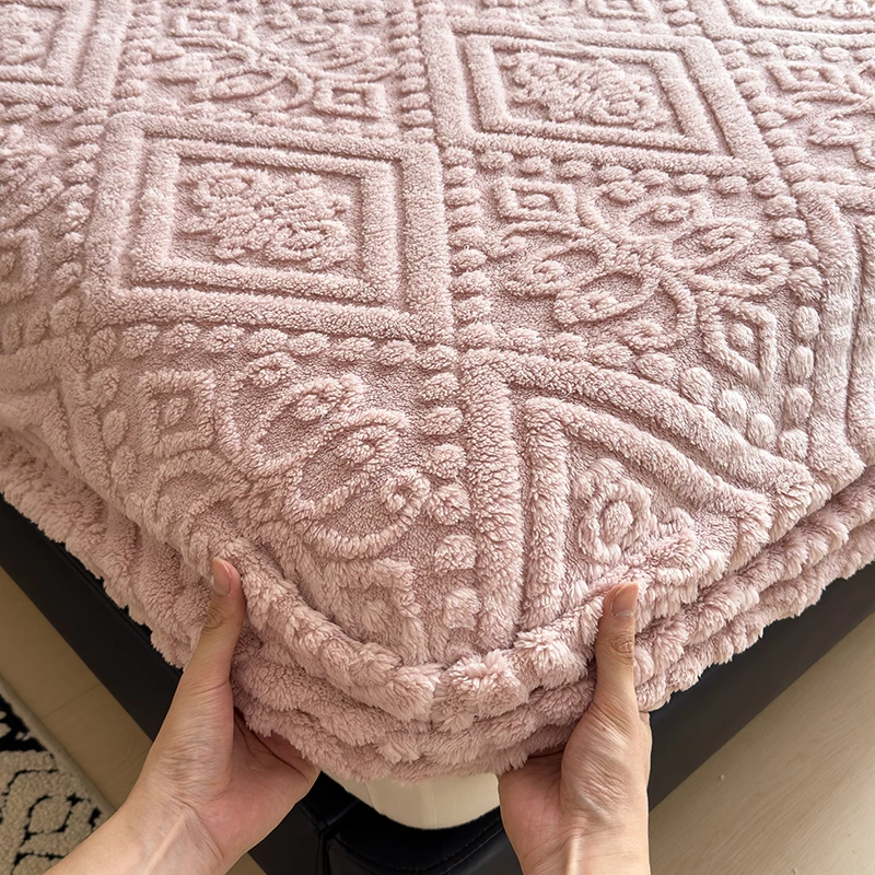 Jacauard Thick Warm Coral Plush Mattress Cover High Qulaity Abti-Slip Breathable Fitted Bed Sheet Single Double Queen King Size
