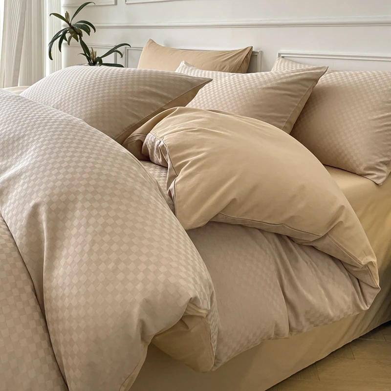 100% Cotton Jacquard Weave Luxury Bedding Set Solid Queen King Size Duvet Cover Flat/Fitted Bed Sheets Set Pillowcase Bed Linens