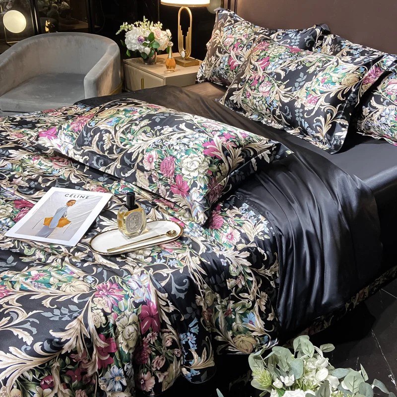 Luxury Floral Silk Bedding Set with Duvet Cover Fitted & Flat Bed Sheet Pillowcase Silky Smooth Bed Sheet Sets Twin Full Queen