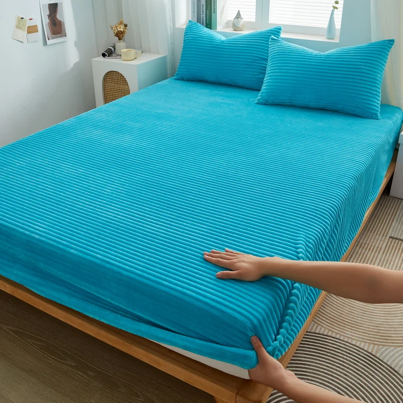 WASART Winter warm coral fleece fitted sheet elastic mattress cover fluffy plush thermal bed linens couple bedding king size 150