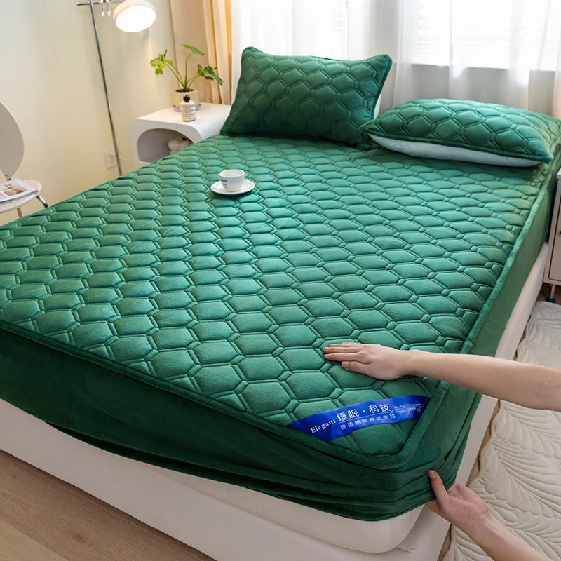 WASART Fluffy Coral Fleece Quilted Mattress Protector Cover Warm Cozy Milk Velvet Elastic Fitted Sheet 150X200 Winter Bed Linens
